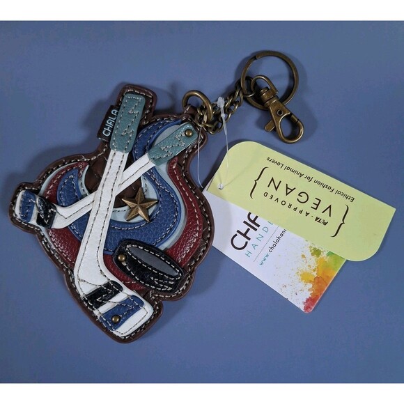 Chala Hockey Key Fob Key chain Tag Blue Red Brown stitched Zip NWT - Picture 1 of 4